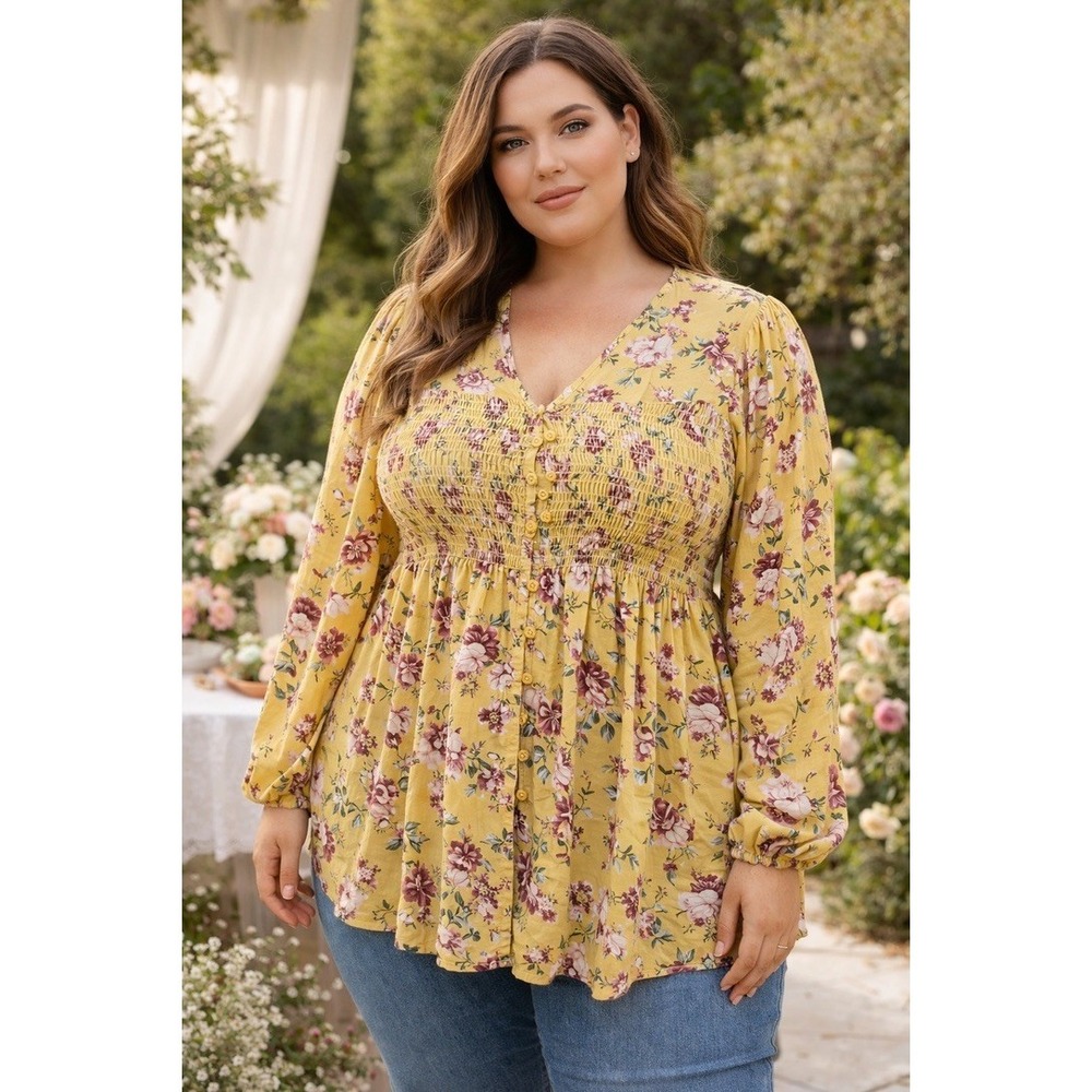 Torrid Plus Size 2X Yellow Floral Smocked Button Front Babydoll Blouse Top
